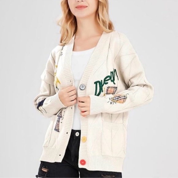 Ebossy Cream Cable Knit Cardigan Sweater - Picture 3 of 9